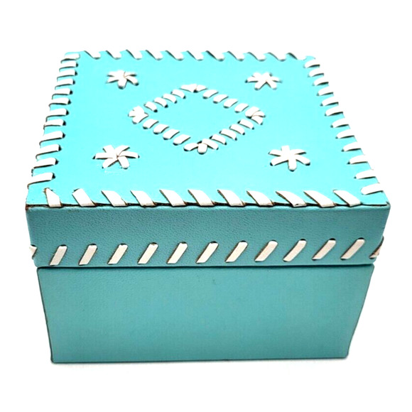 Teal Leather Wrapped Box White Lacing on Lid 5"x5"x3.5" Two's Company - Picture 1 of 10